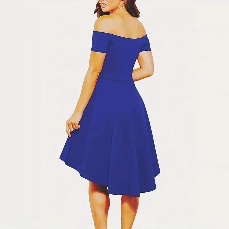 Off-Shoulder Elegance Women’s Asymmetrical Midi Dress - Solid Slim-Fit Season-Versatile Comfort Stretch