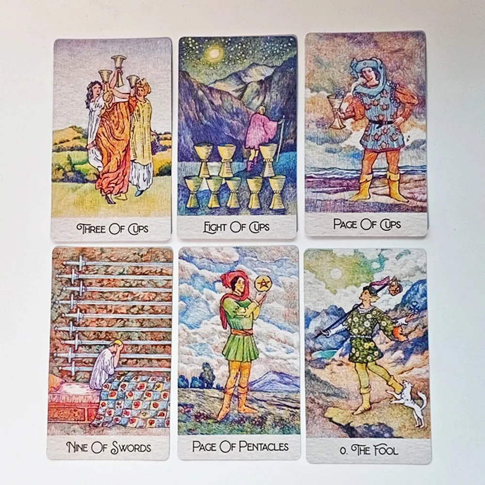 350GSM Çift Kabartmalı Kart Stoğuna Basılmıştır 12*7cm Yeniden Keşfedilen Klasik Tarot Destesi 78 Adet Tükenmez Kalemle Çizilmiş Tarot Kartları