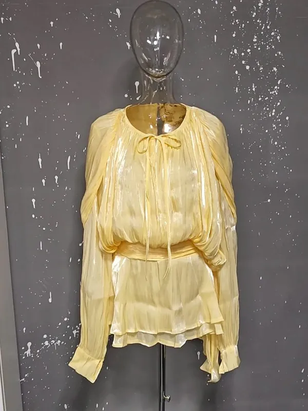 2026 Bagong Tag-init na Fashion Pambabaeng Damit Round Neck Lantern Sleeves Satin Short Dress Na May Shorts Sa ilalim ng Dalawang pirasong Set