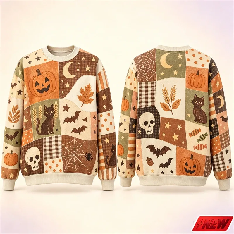 Halloween Splicing Patterns Sweatshirt Herr 3D Print Pumpa Cat Långärmad Pullover Hoodie Quick Dry Holiday Costume Top Unisex