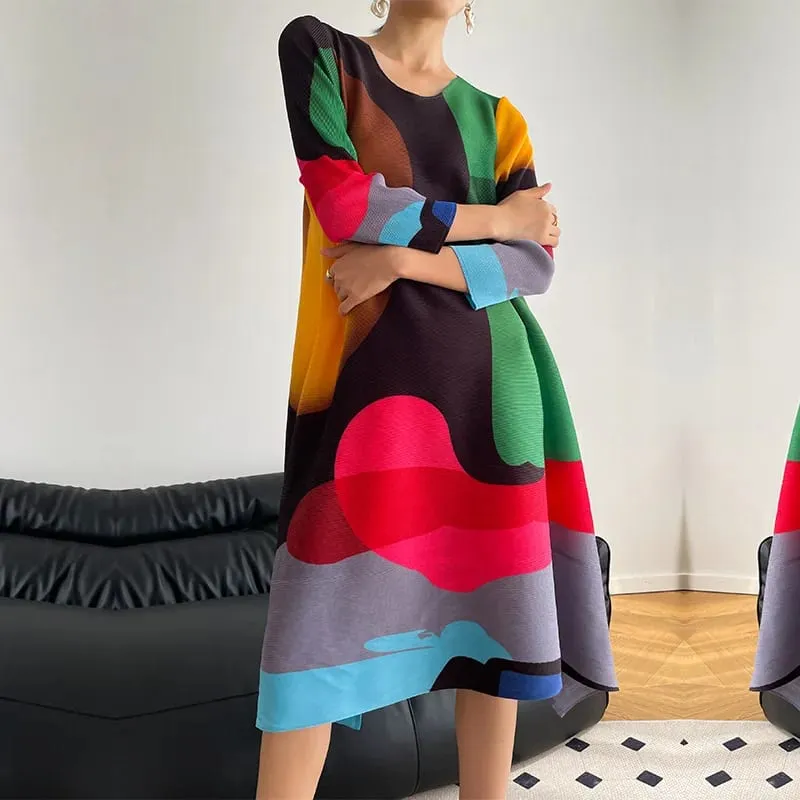 Miyake Pleated Print Dress 2024 New Early Spring Fashion Elegant A-line Swing Dress Elegant Women's Clothing High-quality