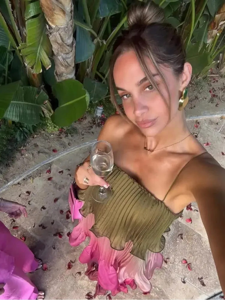 Chic Multicolored Pleated Women Maxi Dress Elegant Spaghetti Strap Ruffle Tiered Flowy Vestidos 2026 Summer Lady Vacation Outfit