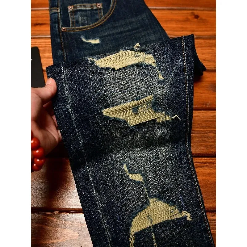 Street Designer Fashion Men Jeans Retro Washed Blue Stretch Slim Fit Ripped Jeans Men Y2K Vintage Casual Denim Pencil Pants — image 3