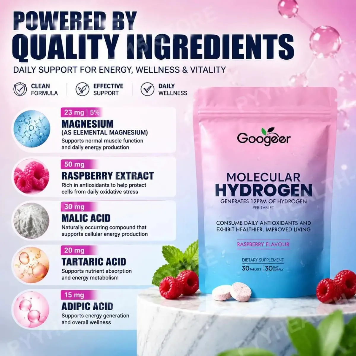 Molecular Hydrogen Water Tablets 12 PPM with Magnesium Raspberry Flavor Daily Wellness and Antioxidant Support 30 Tablets