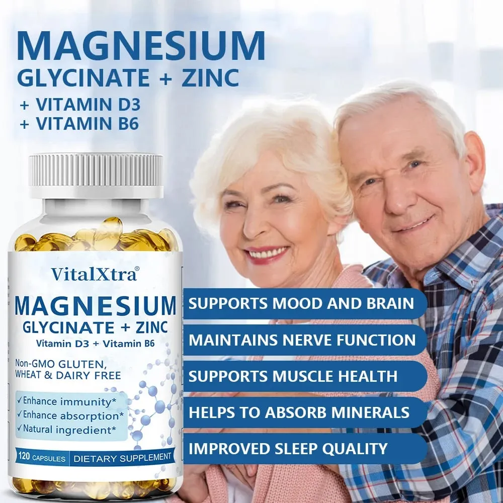 Glycinate de magnésium + supplément de zinc - Soutient les os du système immunitaire Le supplément minéral pour la santé cardiaque aide au sommeil naturel