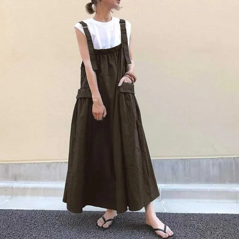 Thời Trang Nữ Suspender Đầm Dây Dài Túi Lớn Và Trên Đầu Gối Túi Dây Midi Váy Đầm Cho Nữ Áo Dây femme
