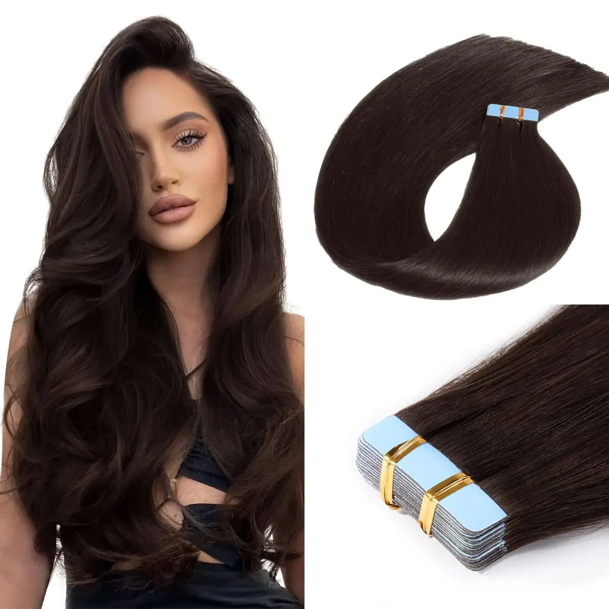 Dark Brown Tape in Hair Extensions Human Hair 18inch 50g 20pcs Seamless Remy Straight Hair Invisible Tape in Hair Extensions