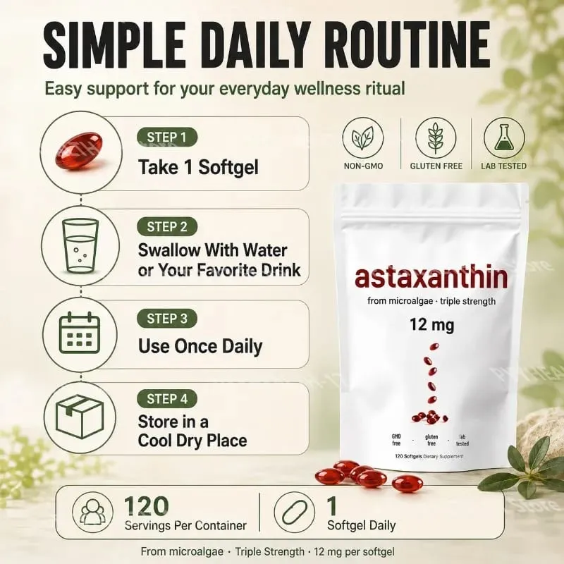 Astaxanthin 12 Mg Gelatin Softgels From Microalgae Antioxidant Support Gluten Free GMO Free Easy To Swallow 120 Softgels