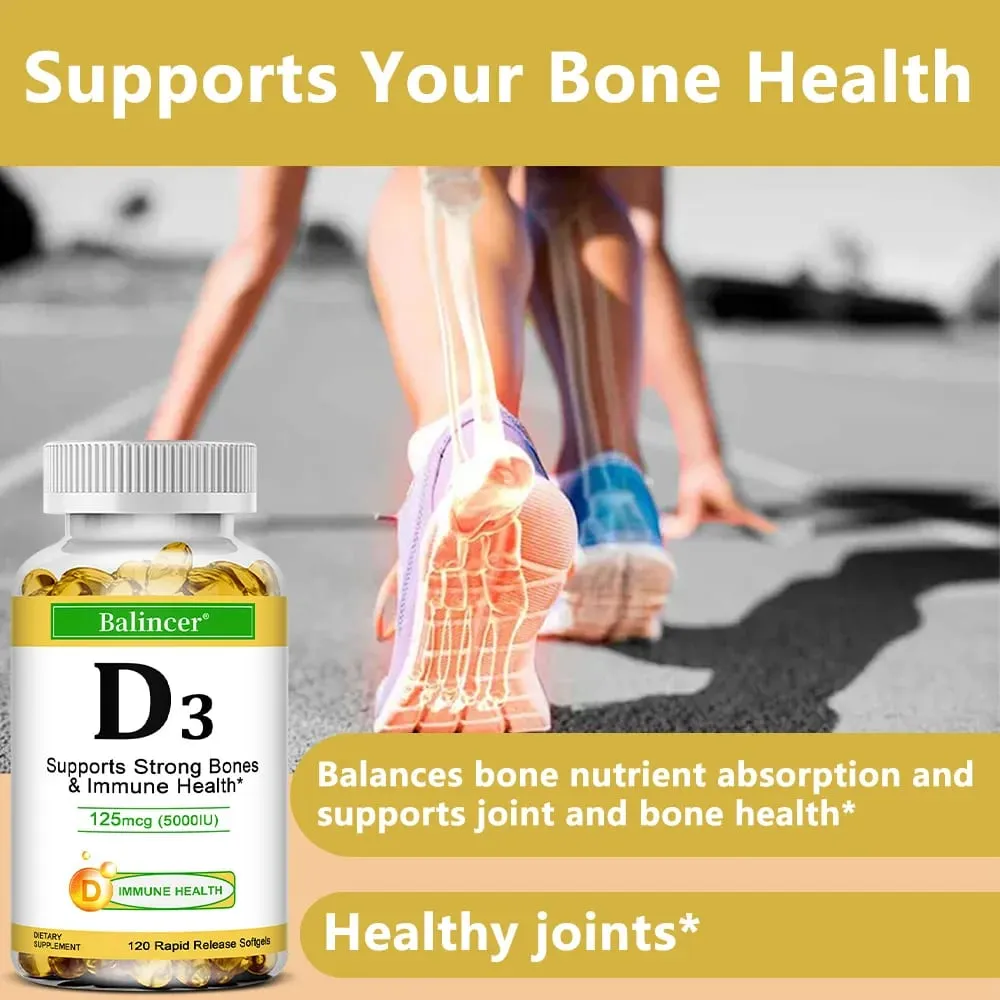 Balincer Vitamin D3 5000 IU (125 Mcg) Dietary Supplement for Bone Teeth Muscle and Immune Health Support 30/60/120 Softgels