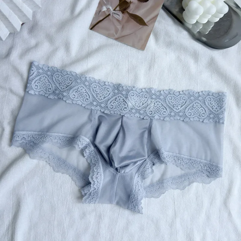 Cuecas masculinas de seda gelo com acabamento de renda fina e sem costura brilhante bolsa 3D calcinha leve confortável lingerie diária