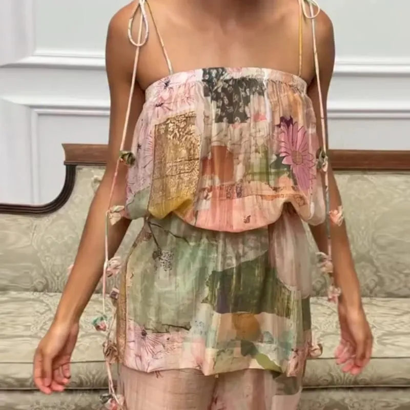 Vintage Women's Printed Beaded Sling Long Dresses Set Lace Up Slit Sleeveless Pleated A-line Dress 2026 Lady Beach Vestidoes