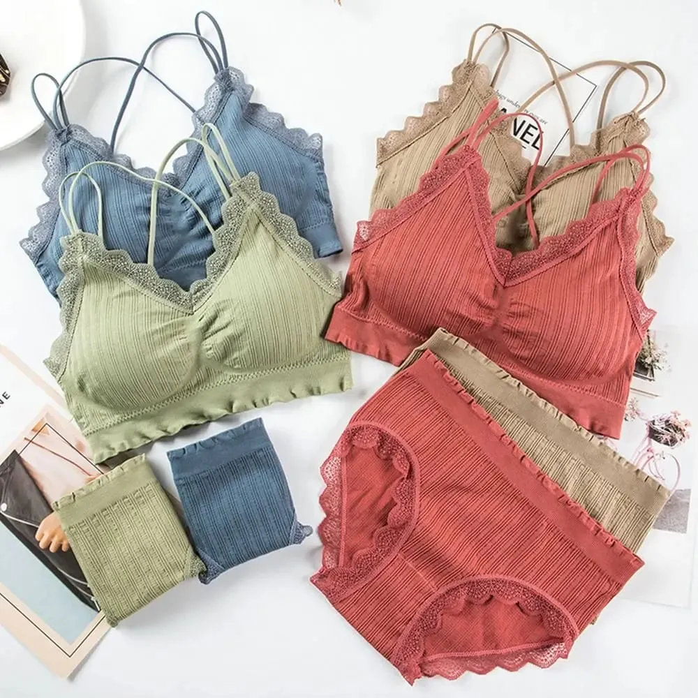 1Set Casual Lace Women Seamless Bra Set with Bra Pads V-Neck Lingerie Set Breathable Comfortable Sport Brassiere
