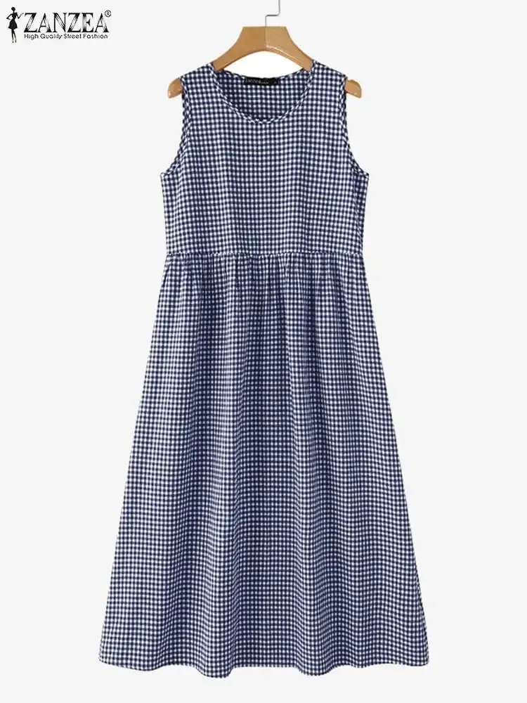 Summer Plaid Checked Sundress Sleeveless Bohemain Holiday Dresses Women Elegant O Neck Dress Casual Baggy Work Vestidos