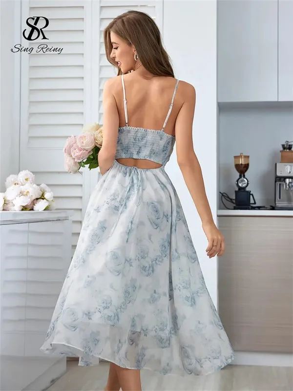 Wanita Floral Spaghetti Strap Dress Elastik Ruched Seksi Hollow Backless Party Dress Summer Boho Holiday Beach Sundress