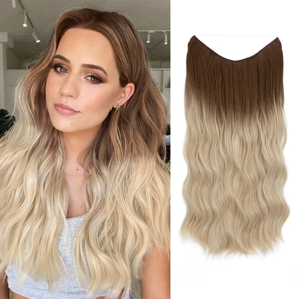 Synthetic Wave Invisible Wire With Clips Hair Extensions Fish Line Natural Blonde Clip In Hairpiece Fake Hair Piece