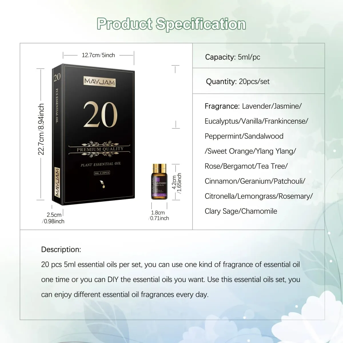 20 Bottles Essential Oils Kit Set Lavender Jasmine Eucalyptus Vanilla Sandalwood Sweet Orange Geranium Patchouli — image 5