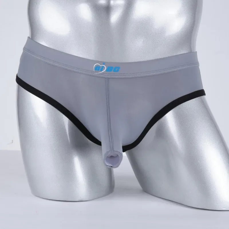 Men's Erotic Briefs Elephant Nose Open Sheath Bikini Gay Sexy Thin Ice Silk Penis Bulge Separate Elastic Quick Dry Sports Tangas