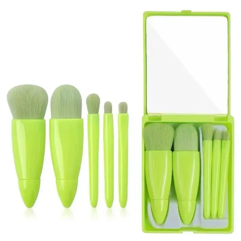 5pcs Mini Makeup Brush Set with Mirror - Multifunctional Travel Cosmetic Brushes Unscented Palm Brush Design Makeup Tools