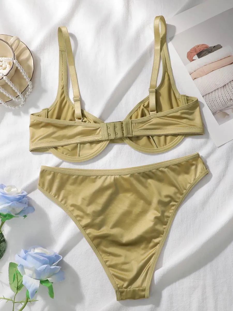 Set Celana Dalam Bra Mengkilap Satin Wanita Cup Tipis Berkawat 2 Potong Set Lingerie Tali Dapat Disesuaikan Warna Solid Pakaian Dalam Intim Sehari-hari