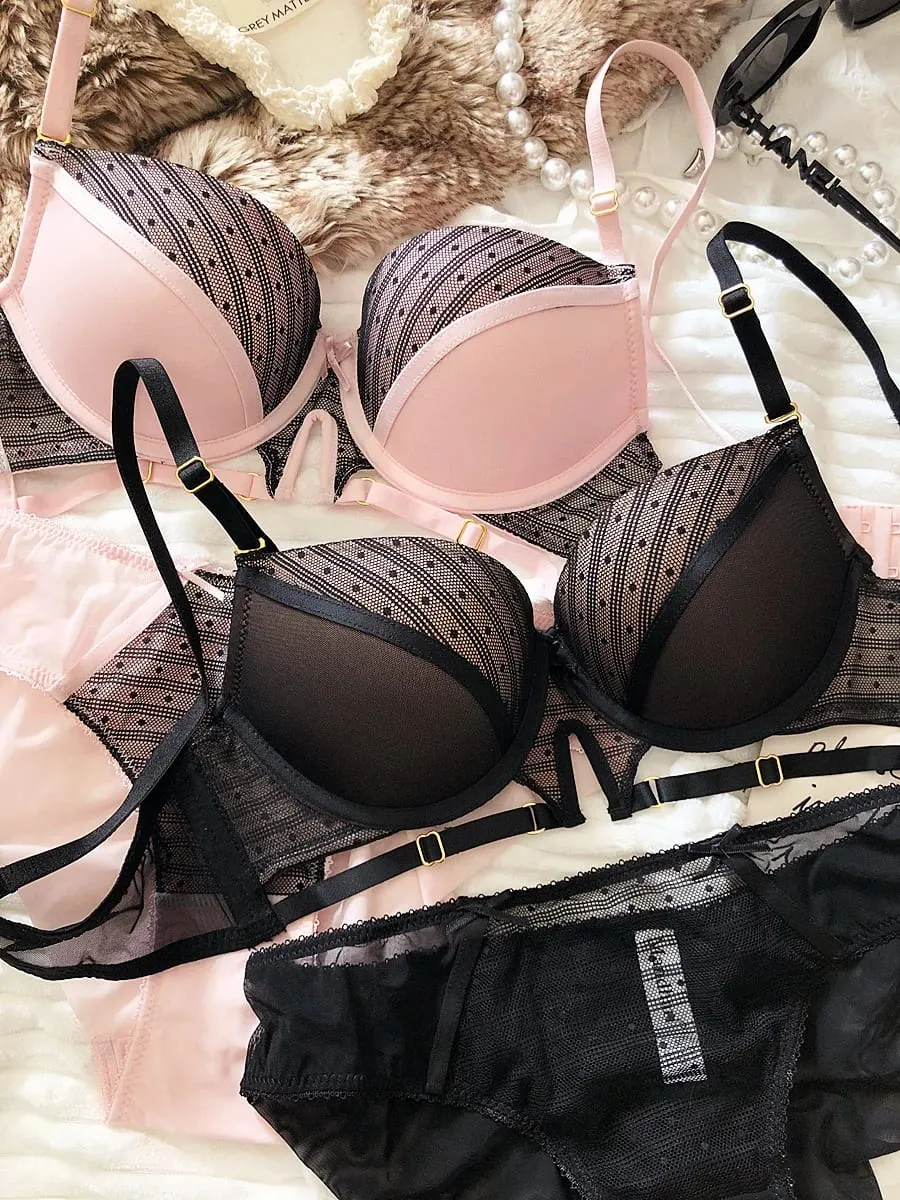 Sexy Hollow Underwear Set for Women 3/4 Cup Push Up Bra Lace Splicing Color Brassiere and Panties Ladies Intimates Lingerie — image 3