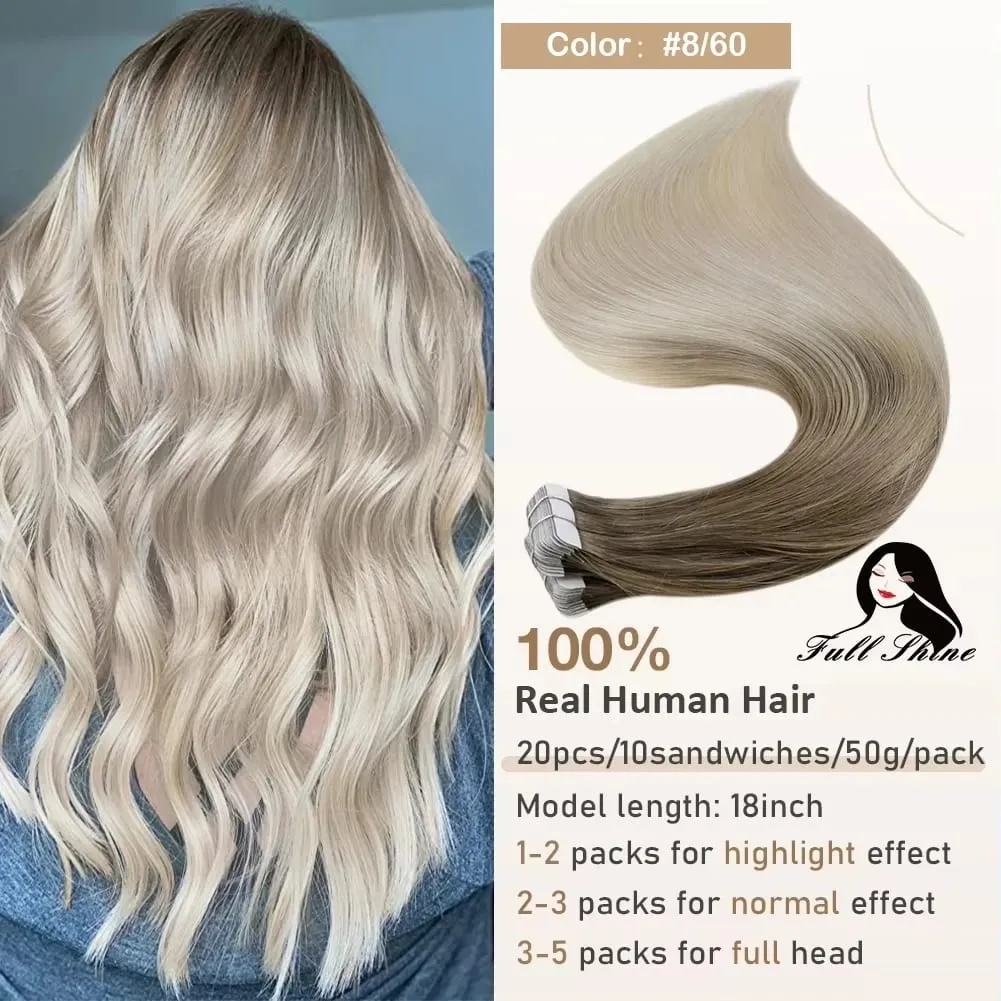 Full Shine Tape hajhosszabbításhoz 20 db Skin Weft Remy Straight Hair Ragasztó brazil hajra nőknek — image 14