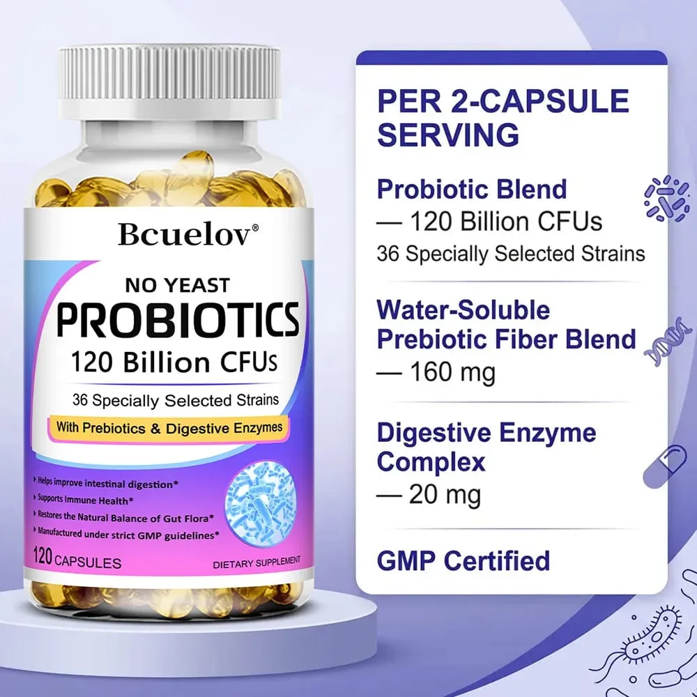 Probióticos 120 mil millones de UFC con prebióticos y enzimas digestivas Apoya la digestión Flora intestinal Alivio de la hinchazón y salud inmune