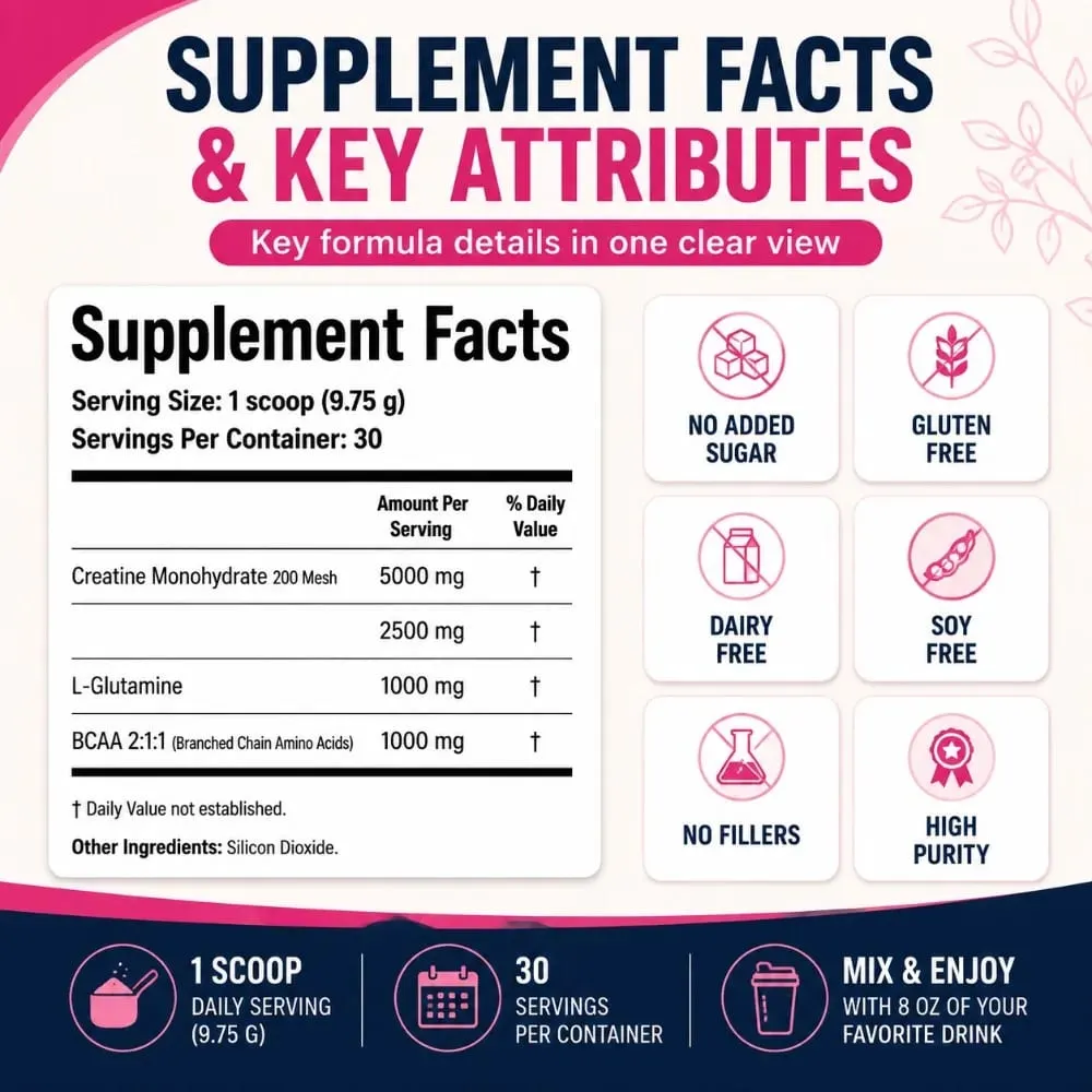Creatine Monohydrate Powder for Women 5G Collagen Peptides BCAA Glutamine Supports Muscle Recovery & Skin Elasticity 30 Servings