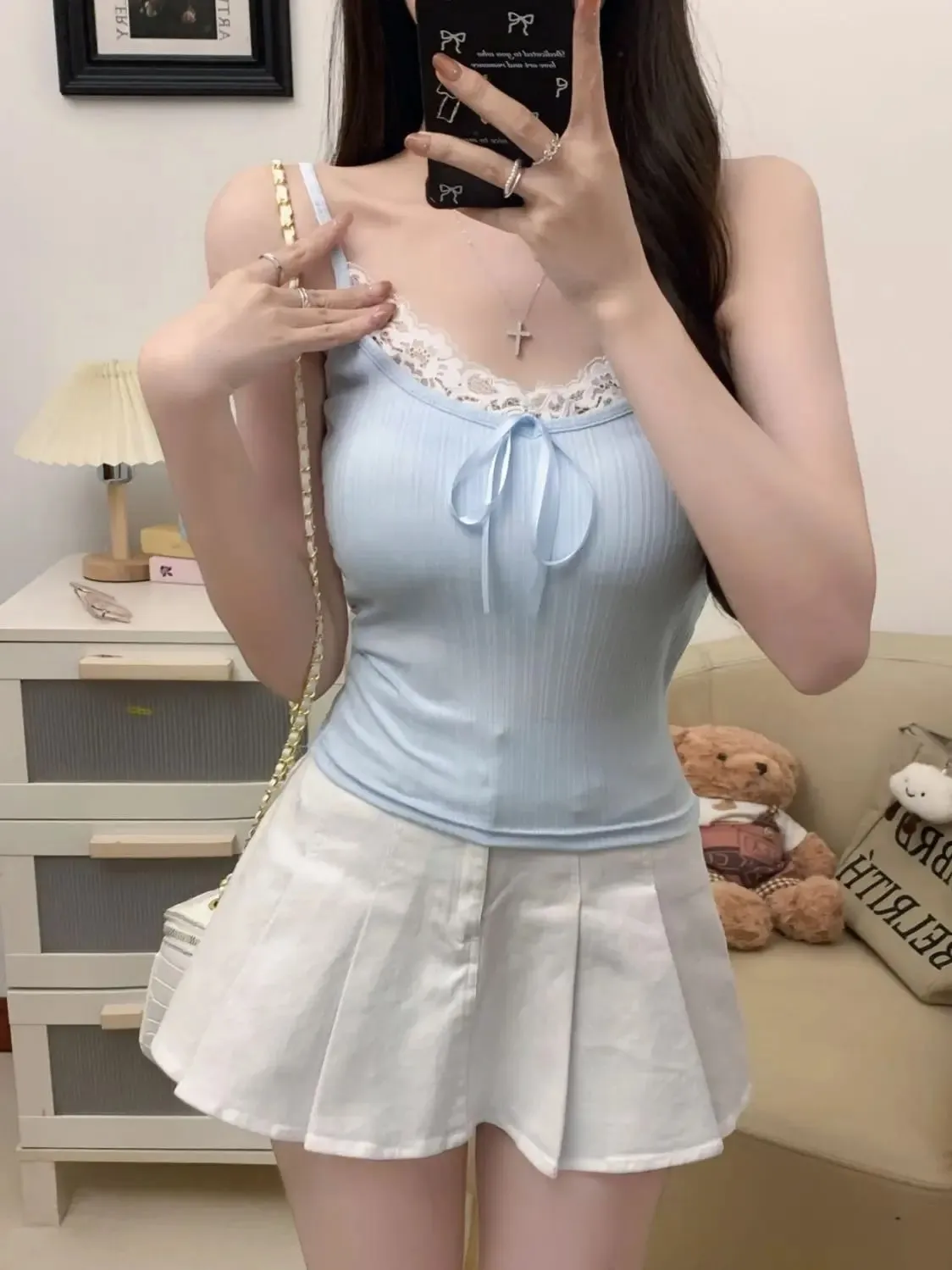 Sexy Patchwork Lace Trim Camis Top Sweet Casual Slim Solid V-Neck Sleeveless Cute Tank Tops Women 2025 Summer Streetwear Lady