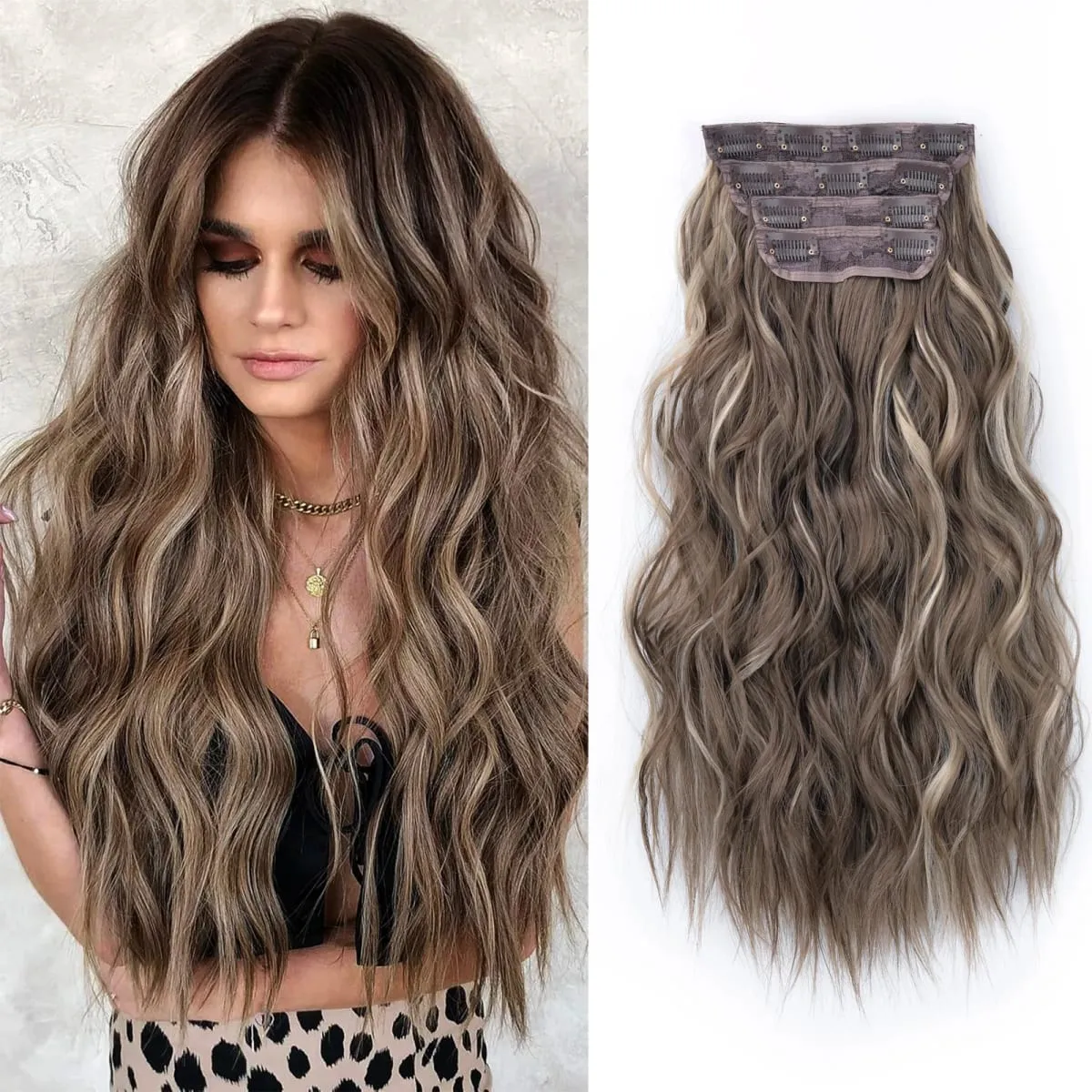 linwan Clip In Hair Extensions 4 PCS Full Head 20 Inch Long Curly Wavy Synthetic Hair Pieces Natural Wavy For Women Girls Hair