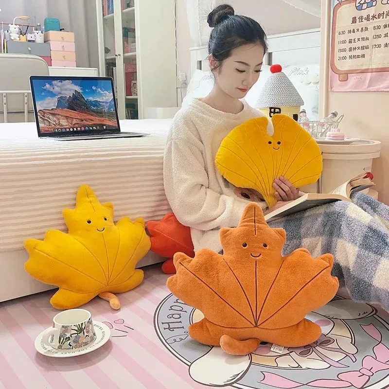 Smiling Face Maple Ginkgo Leaf Plush Pillow Stuffed Kawaii Plant Cushion Sofa Chair Decoration Gift — image 2