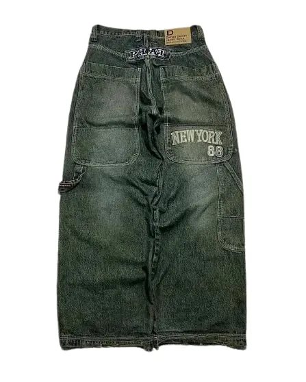 90s Gothic Centipede Embroidery Washed Oversized Wide-Leg Pants Jeans Men Y2K New Harajuku Punk Hip-Hop Rock Couple Street Wear