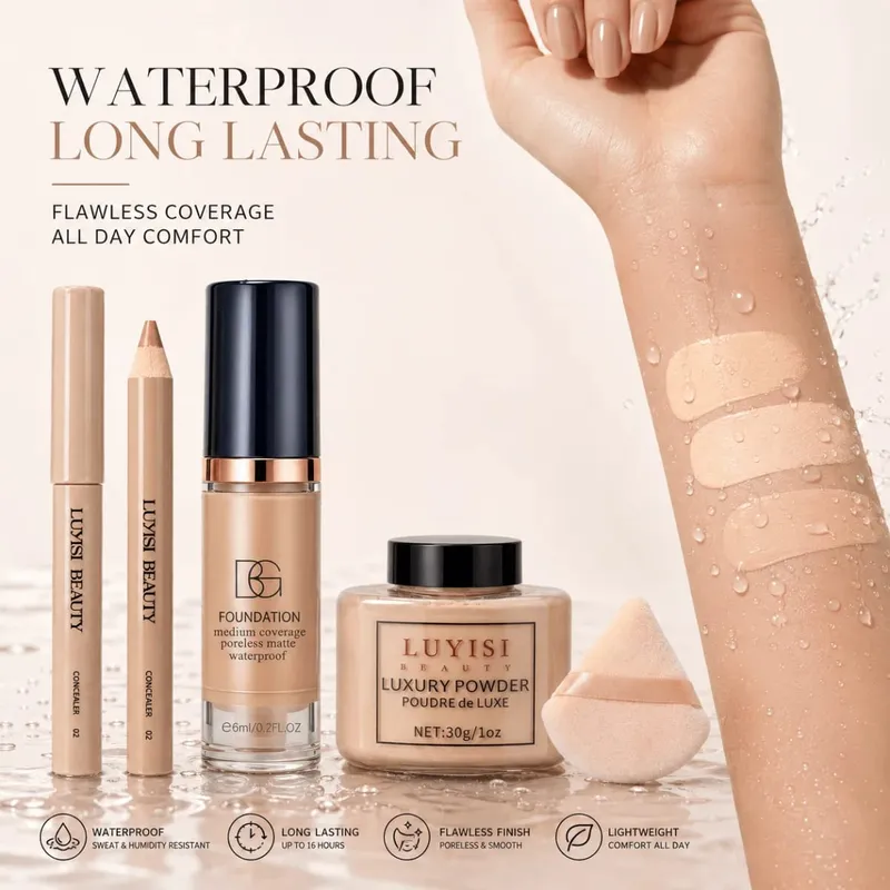4pcs Facial Makeup Set:1PC Concealer Pen+1PC Foundation+1PC Loose Powder+1PC Puff Flawless Waterproof Long-Lasting Natural