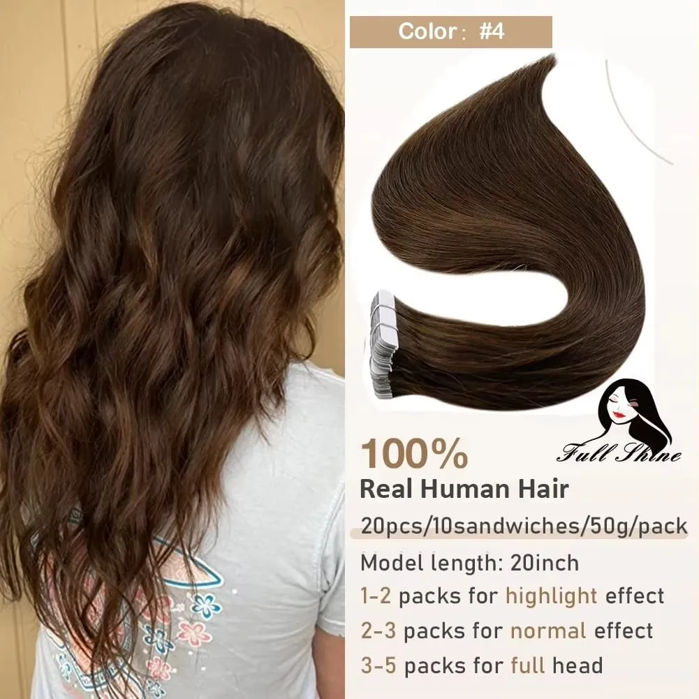 Full Shine Tape hajhosszabbításhoz 20 db Skin Weft Remy Straight Hair Ragasztó brazil hajra nőknek — image 21