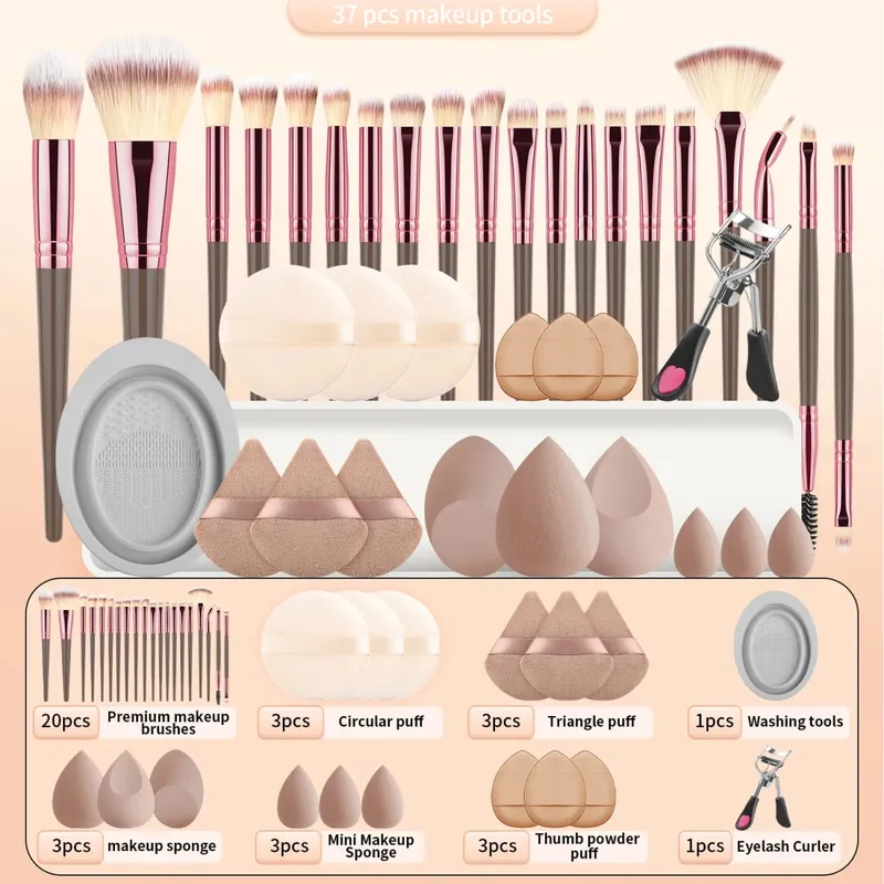 37PCS Makeup Tools Set 20 Brushes + Sponges Puffs Eyelash Curler Cleaning Tool for Full Face — image 7