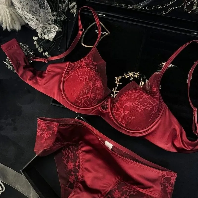 Set Lingerie Renda dan Satin Gaya Perancis, Bra Tali Dapat Disesuaikan & Bantalan Tipis Kawat Lembut Nyaman Pakaian Dalam Anak Perempuan Muslim