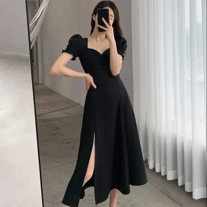Vestido liso de manga corta con abertura elegante para mujer, Vestidos completos con cuello en V, cintura alta, ajustados, para fiesta de noche