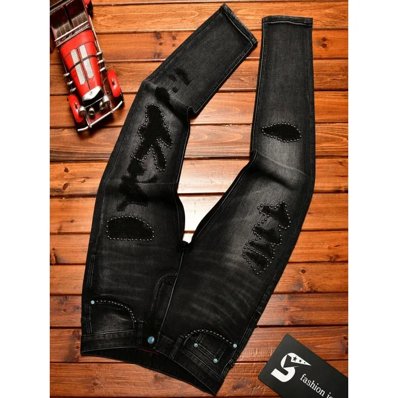 Design de decoração de metal preto jeans masculino na moda rasgado moda retro nostálgico rua magro ajuste calças magras — image 4
