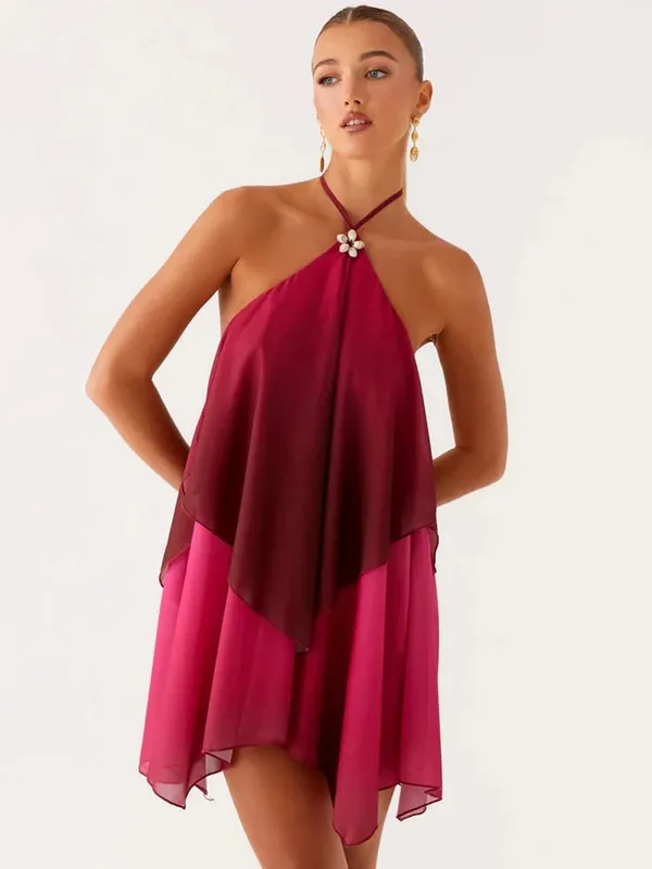 Mozision Gradient Halter Backless seksowna Mini sukienka damska suknia elegancki siatkowy zamek błyskawiczny Off-ramię bez rękawów klubowe sukienki imprezowe