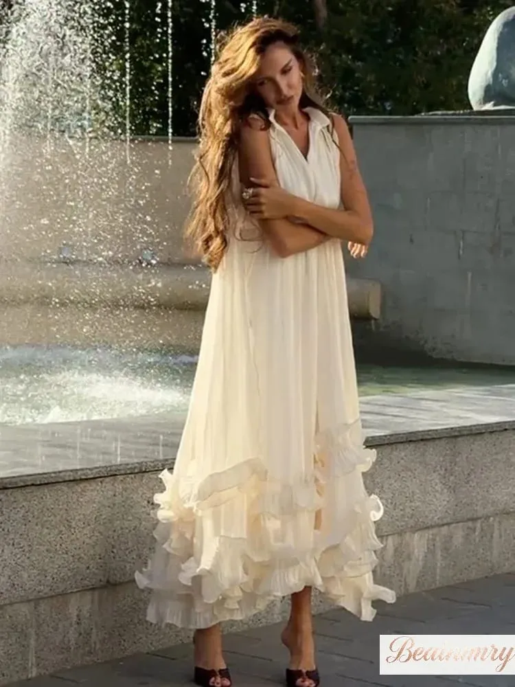 Abito maxi con volant multistrato solido Abito elegante senza maniche con spalle scoperte a vita alta da donna 2026 Abbigliamento femminile per le vacanze