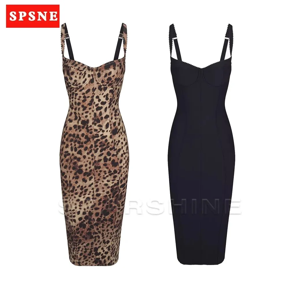 Vestido feminino sexy com estampa de leopardo, sem mangas, justo, bodycon, meia panturrilha, roupa de balada, vestidos de festa à noite