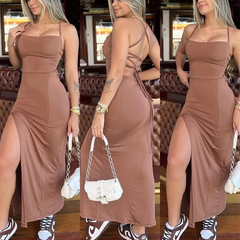 Red Dresses Women Sleeveless Spaghetti Strap Solid Color Elegant Club Party Robes Sexy Cross Bandage Backless Bodycon Long Dress — image 2
