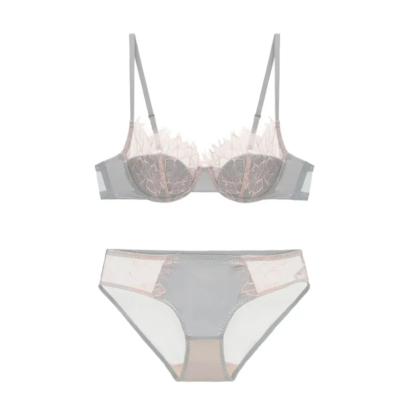 Women Sexy French Eyelash Lace Bra Set Hollow‑Out Lightweight Thin Comfort Push‑Up Lingerie Suit Skin Friendly 34‑38