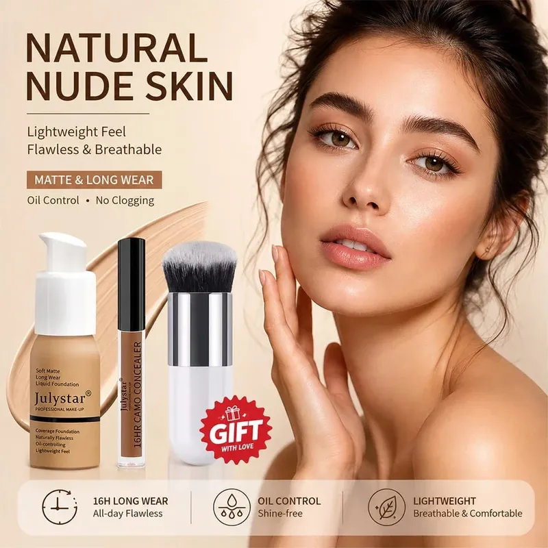 3‑Pc Base Makeup Kit Foundation&Concealer Free Brush. Matte 16H Oil‑Control Lightweight Full-Coverage for Natural Daily Face