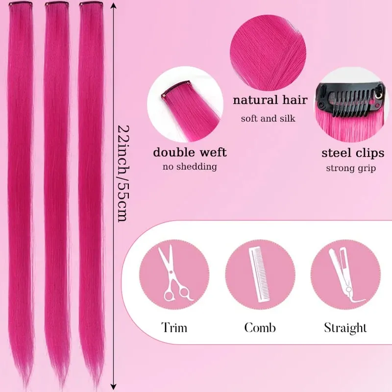 10Pcs Synthetic Colored Clip in Hair Extensions Hairpiece Party Highlights Straight Hair wig for Girls Kids Christmas Party Use