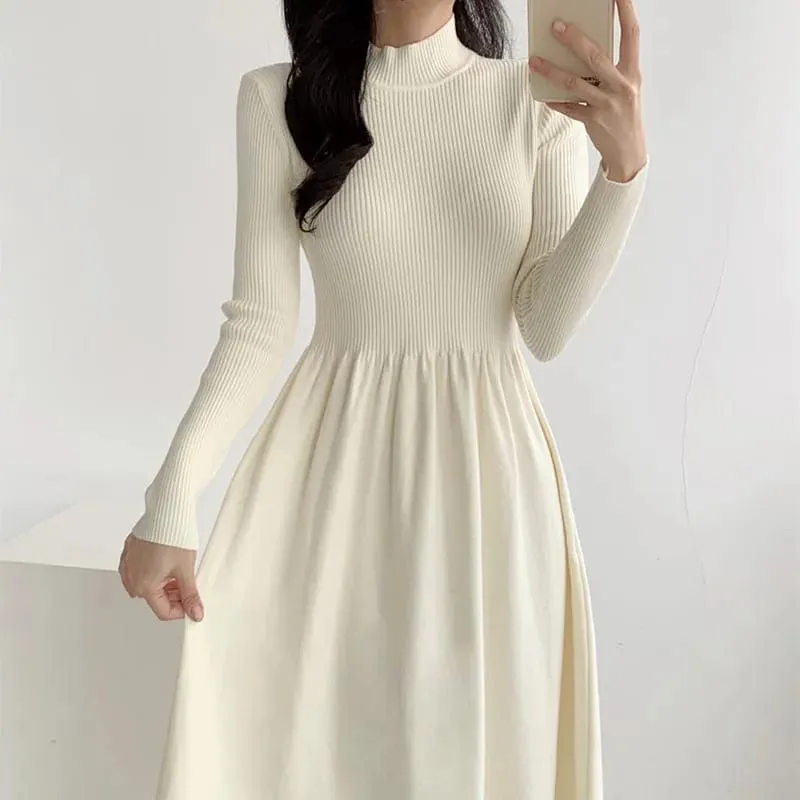 Autumn Winter Women Knitted Dress All-Match Simple Solid Half-High Collar Long Dresses Woman Korean Chic High Waist A-Line Dress