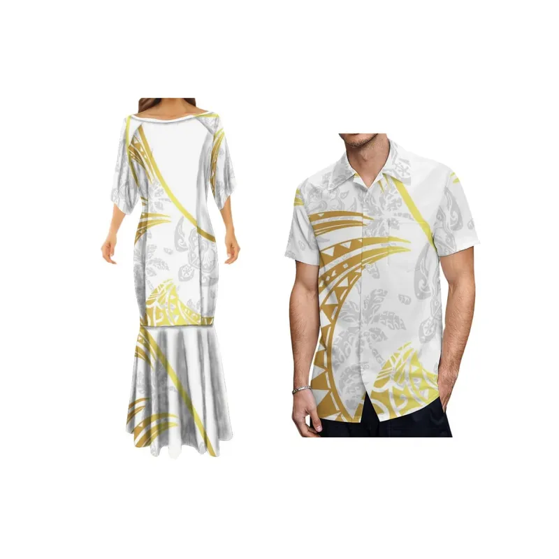 Mother's Day Gift Customized White Design Polynesian Tribal Printed Hawaiian Dresses Party Dress Plus Size Womens Clothing 7XL