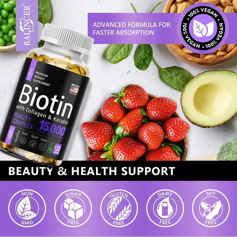 Biotin Supplement - 15 000 Mcg with Collagen and Keratin Vitamins Shiny Hair Skin and Nails Joint Health 30/60/120 Capsules