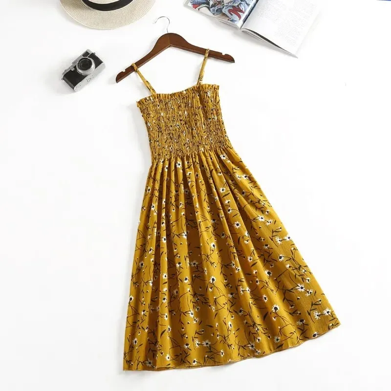 ฤดูร้อนมินิเดรสแฟชั่นหญิง Elastic High เอว Casual สปาเก็ตตี้สายคล้องคอผู้หญิงชุดชีฟอง Vestidos