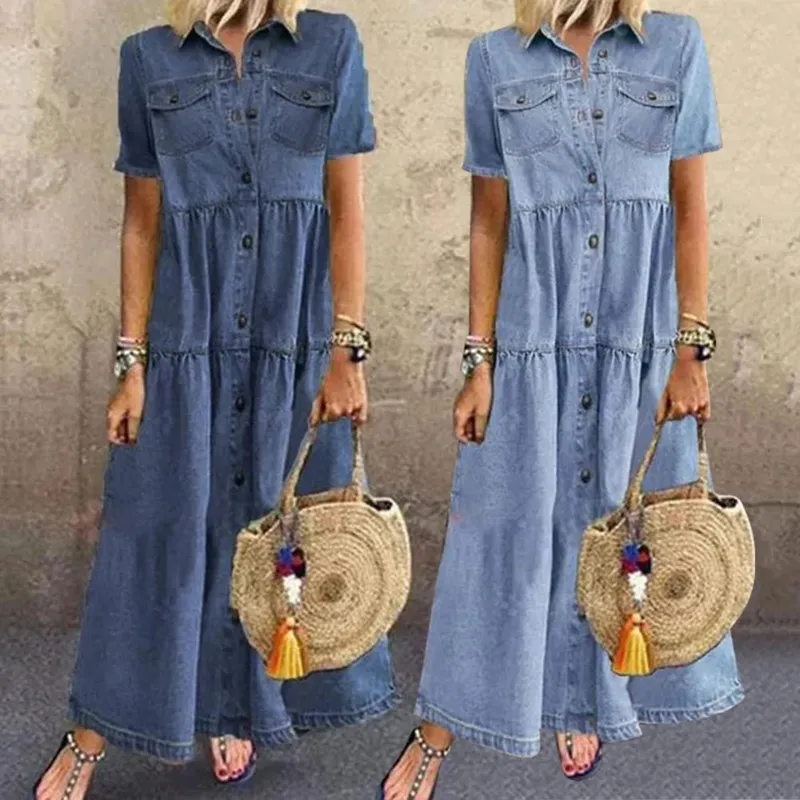 Retro Women Dresses 2022 Short Sleeve Turn Down Collar Pockets Button Long Loose Denim Dress Summer Long Dress — image 3