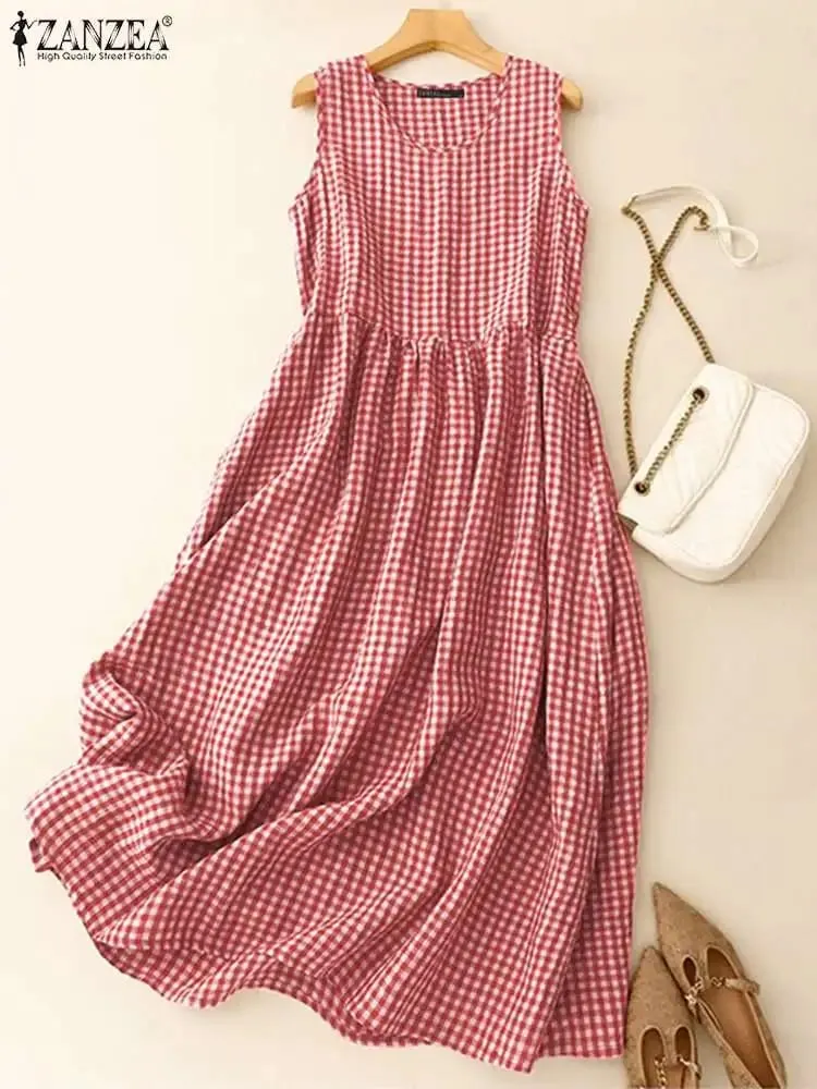 Summer Plaid Checked Sundress Sleeveless Bohemain Holiday Dresses Women Elegant O Neck Dress Casual Baggy Work Vestidos